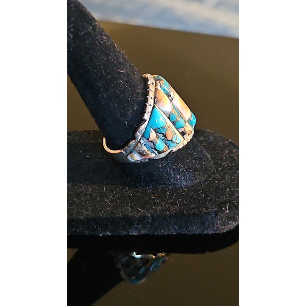 Vintage Signed T 925 Sterling Silver Spiny Oyster Turquoise Inlay Ring Size 7 - Picture 2 of 3